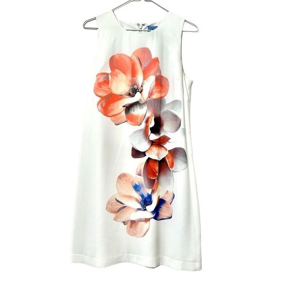 Cece Flower Print Crew Neck Back Zip Sleeveless Shift Dress White Size 6 - Picture 1 of 5